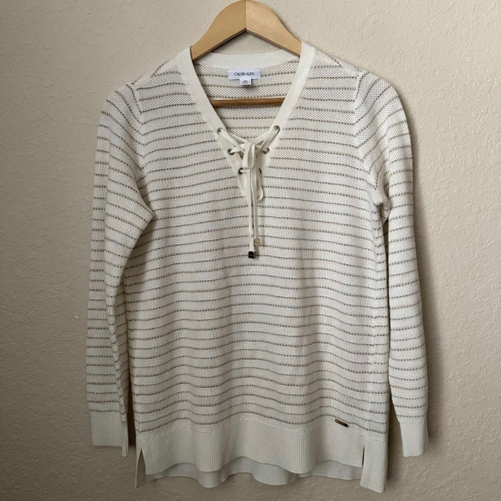 CALVIN KLEIN Women’s Ivory Shimmer Stripe Lace-Up Pullover Sweater – Size Small